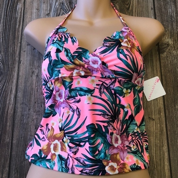 Nwt Vanilla Beach Neon Pink Floral Tankini Large - Picture 1 of 7